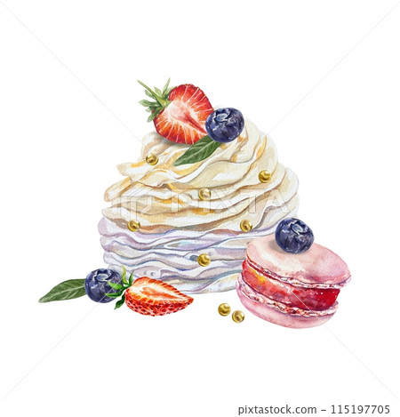 Meringue cake with cream, strawberries, blueberries, macaron. Watercolor illustration on white background. Cards, invitations, cafe menus, bakeries. 115197705