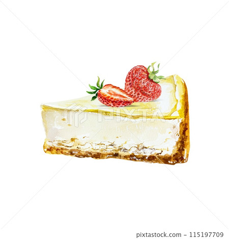 Cheesecake with strawberries. Hand drawn watercolor illustration isolated on a white background. Postcards, cafe menus, bakeries, banners, labels. 115197709
