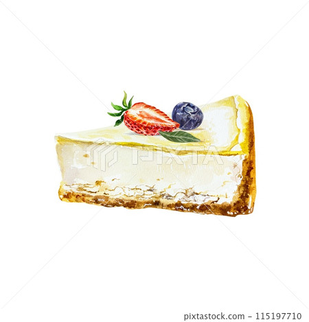 Cheesecake with strawberries, blueberries. Watercolor illustration isolated on a white background. For cards, cafe menus, bakeries, banners, labels. 115197710