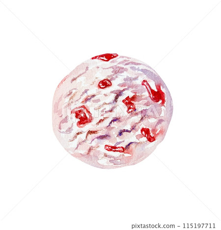 A scoop of ice cream with strawberry topping. Watercolor illustration isolated on white background. Birthday cards, invitations, banners, cafe menus. 115197711