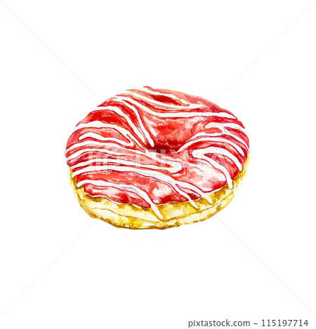 Donut with pink glaze, strawberry. Watercolor illustration isolated on a white background. Invitations, posters, cafe menus, bakeries, restaurants. 115197714