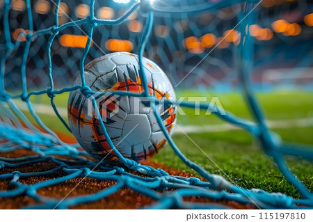 Soccer Ball in Goal Net - Close-Up Scene on a Professional Football Field During a Game at Night Generative AI Soccer Ball in Goal Net - Close-Up Scene on a Professional Football Field During a Game at Night Generative AI 115197810