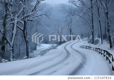Serene Winter Landscape on Snow-Covered Country Road Through a Forest Generative AI Serene Winter Landscape on Snow-Covered Country Road Through a Forest Generative AI 115197818