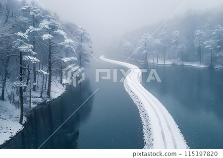Serene Winter Wonderland: Snow-Covered Road and Foggy Forest Reflected on River - Tranquil Nature Scene for Wall Art, Travel Brochures Generative AI Serene Winter Wonderland: Snow-Covered Road and Foggy Forest Reflected on River - Tranquil Nature Scene for Wall Art, Travel Brochures Generative AI 115197820