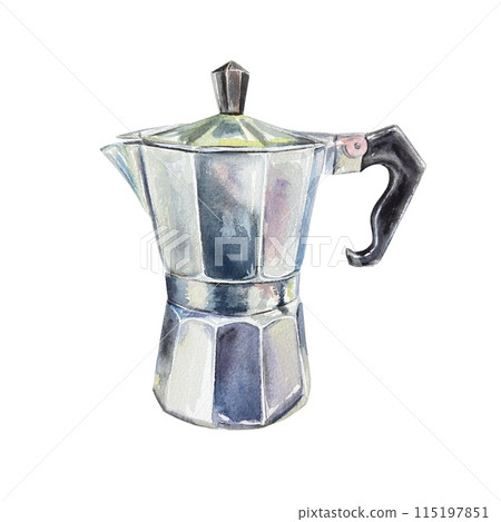 Geyser coffee maker. Hand drawn watercolor illustration isolated on white background. For cards, invitations, cafe menus, bakeries, banners, posters. Geyser coffee maker. Hand drawn watercolor illustration isolated on white background. For cards, invitations, cafe menus, bakeries, banners, posters. 115197851