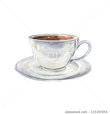 Cup with coffee, saucer. Watercolor illustration isolated on white background. Cards, invitations, banners, posters, cafe menus, bakeries, restaurants Cup with coffee, saucer. Watercolor illustration isolated on white background. Cards, invitations, banners, posters, cafe menus, bakeries, restaurants 115197854