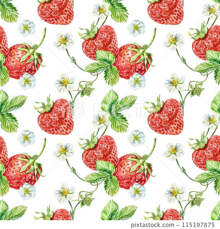 Strawberry seamless pattern. Berries, flowers, leaves. Watercolor illustration isolated on white background. Packaging paper, textiles, covers, fabric Strawberry seamless pattern. Berries, flowers, leaves. Watercolor illustration isolated on white background. Packaging paper, textiles, covers, fabric 115197875