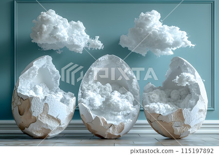 Surreal Cloud Eggs Concept with Floating Clouds Against Blue Background - Creative Design for Posters or Print Generative AI Surreal Cloud Eggs Concept with Floating Clouds Against Blue Background - Creative Design for Posters or Print Generative AI 115197892