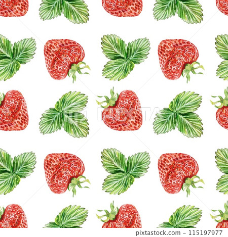 Strawberry seamless pattern. Berries and leaves. Watercolor illustration isolated on white background. Packaging paper, textiles, covers, wallpaper. 115197977