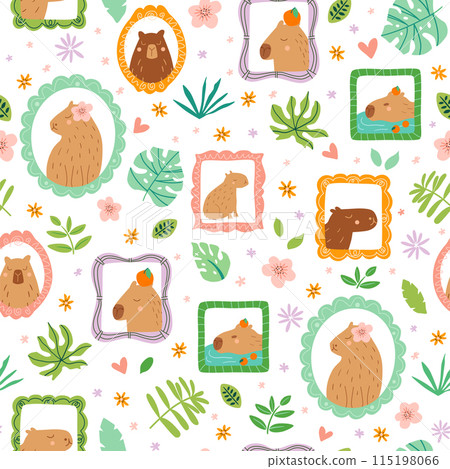 Capybara portrait seamless pattern design. Cute animal portrait in frame on the jungle wall. Summer vector print 115198066