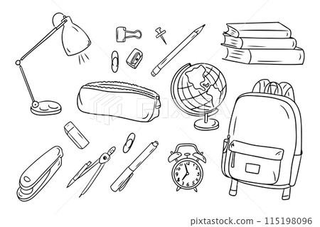 School stationary outline doodle set with all related items. Monochrome educational outline stickers. Clipart of sketchy contour drawings isolated on white background School stationary outline doodle set with all related items. Monochrome educational outline stickers. Clipart of sketchy contour drawings isolated on white background 115198096