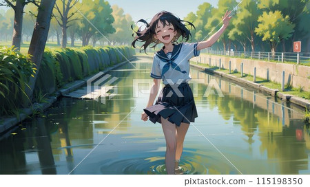 可愛的高中女孩在公園的池塘邊玩耍 115198350