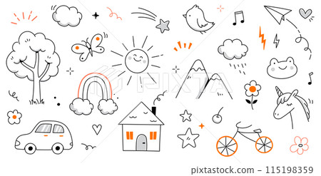 Kid cute doodle set. Cute sun, house, tree kid doodle sketch style vector. Hand drawn sun, car, rainbow elements. Funny children pen outline flower, bird, butterfly. Vector 115198359