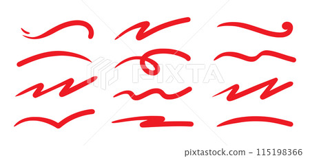 Red squiggle brush scribble underline. Marker pen emphasis highlight red swoosh stroke. Vector swoosh brush underline set for accent, marker emphasis squiggle element. Vector 115198366