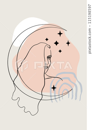 Card or poster with one single line drawing of female face and abstract shapes 115198597