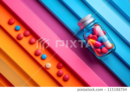 Colorful Medication Arrangement on Vibrant Background - Pharmaceuticals, Medicine, Health, Medical Supplies, Stock Photography Generative AI 115198784