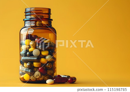 Healthy Living: Assorted Colorful Pills in Amber Glass Bottle on Yellow Background for Medical and Wellness Concepts Generative AI Healthy Living: Assorted Colorful Pills in Amber Glass Bottle on Yellow Background for Medical and Wellness Concepts Generative AI 115198785