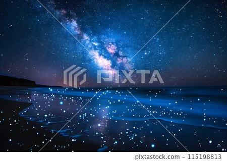 Stunning Milky Way over Bioluminescent Beach at Night for Nature Decor and Astronomy Enthusiasts Generative AI 115198813