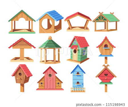 Craft birdhouses and birdfeeders 2D cartoon objects set Craft birdhouses and birdfeeders 2D cartoon objects set 115198943