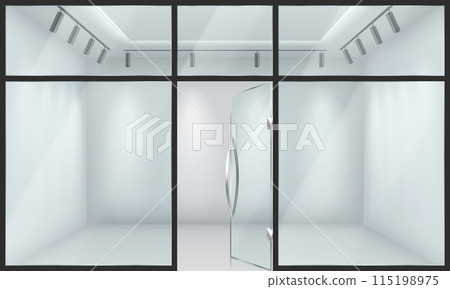 Glass facade of empty store realistic 3d illustration Glass facade of empty store realistic 3d illustration 115198975