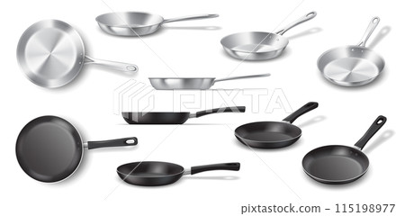 Non stick and stainless frying pans realistic illustrations 115198977
