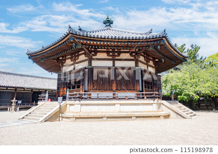 On a clear day in Nara, the Yumedono Hall in the Eastern Precincts of the World Heritage and National Treasure, Horyu-ji Temple 115198978