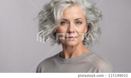 Beautiful middle aged woman with gray hair looking at camera at grey background 115199032