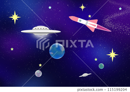 Illustration of a rocket and UFO flying in the starry sky Illustration of a rocket and UFO flying in the starry sky 115199204