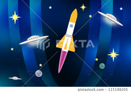 Illustration of a rocket and UFO flying in the starry sky 115199205