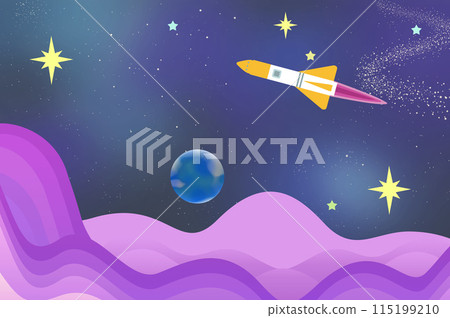 Illustration of a rocket flying through the starry sky Illustration of a rocket flying through the starry sky 115199210
