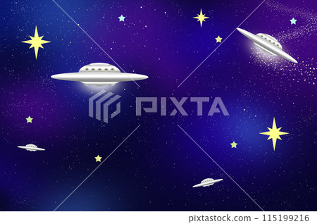 Illustration of a UFO flying in the starry sky Illustration of a UFO flying in the starry sky 115199216