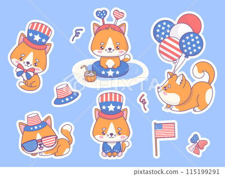 Independence Day stickers. Cute patriotic cats dressed in clothes and accessories for party in colors of American flag. Isolated Funny holiday cartoon kawaii character. Vector illustration Independence Day stickers. Cute patriotic cats dressed in clothes and accessories for party in colors of American flag. Isolated Funny holiday cartoon kawaii character. Vector illustration 115199291