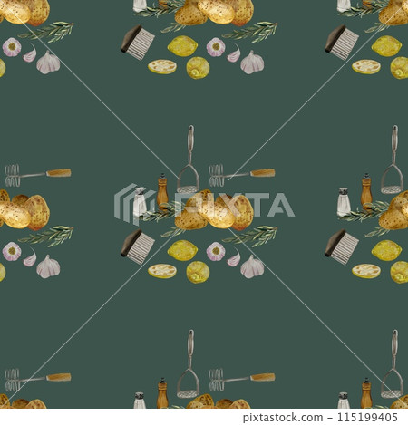 Potato mashers lemon a watercolor green pattern Potato mashers lemon a watercolor green pattern 115199405