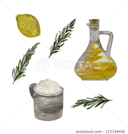 Olive oil lemon rosemary flour illustration watercolor 115199406