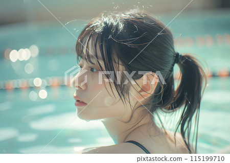 Summer story reflected on the water - young asian woman by the pool 115199710