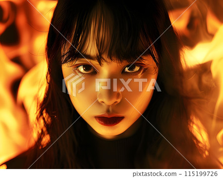 憤怒和火焰中的亞洲女人 憤怒和火焰中的亞洲女人 115199726