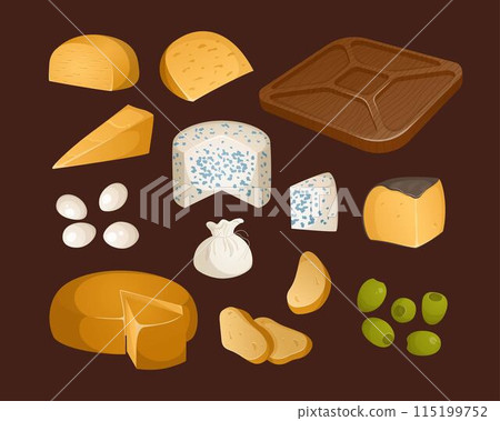 Set of different types of cheeses and appetizers for wine on a brown background. Vector illustration in realistic style 115199752