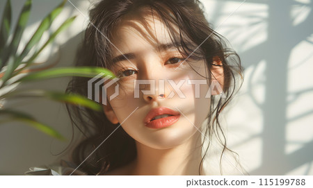 一個美麗的女人在柔和的陽光下的肖像 115199788