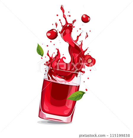 Splashes of red cherry juice with slices. Vector clipart with citrus drink isolated for design 115199838