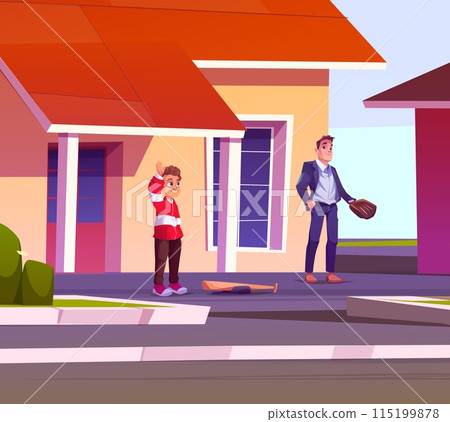 Father and son are going to play baseball in yard. 115199878