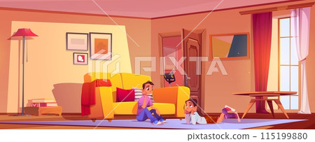 Bored teen kids in living room. Bored teen kids in living room. 115199880