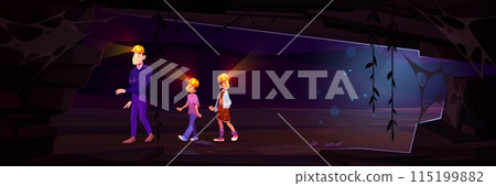 Two teen kids and father explore underground cave 115199882