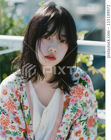 Asian woman wearing a floral cardigan feeling the breath of spring 115199972