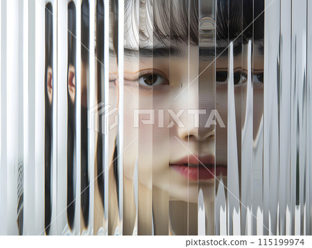 Asian woman's gaze through frosted glass 115199974