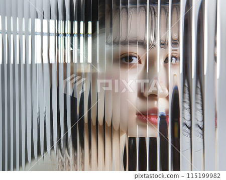 Asian woman's gaze through frosted glass Asian woman's gaze through frosted glass 115199982