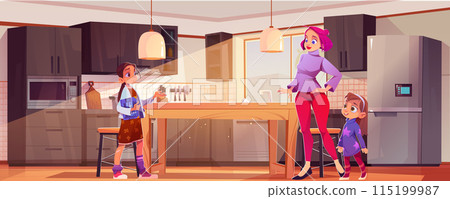 Mother and daughters in kitchen Mother and daughters in kitchen 115199987