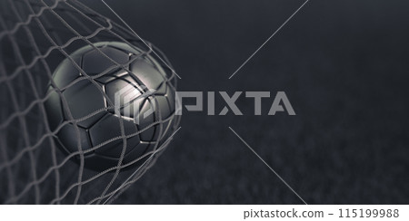 Soccer ball flew into the goal. Black football ball in he net on black background. 3D illustration Soccer ball flew into the goal. Black football ball in he net on black background. 3D illustration 115199988