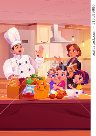 Children and chef in kitchen of restaurant Children and chef in kitchen of restaurant 115199990