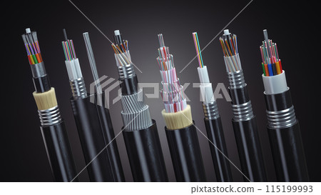 Fiber optical cables structure of different types on black background. Multimode or single mode cables, 3d animation Fiber optical cables structure of different types on black background. Multimode or single mode cables, 3d animation 115199993