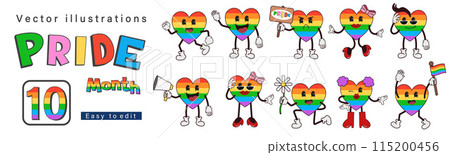 Rainbow heart pride month. LGBT. LGBTQ community, lesbian girl, love elements, LGBT Pride Month symbols, heart, emoji icons and groovy celebration. Vector illustration Rainbow heart pride month. LGBT. LGBTQ community, lesbian girl, love elements, LGBT Pride Month symbols, heart, emoji icons and groovy celebration. Vector illustration 115200456